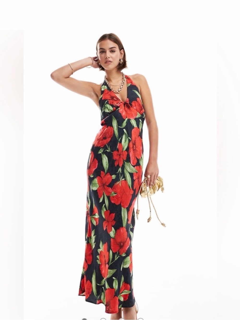 NWT Mango Halter Floral Maxi Dress in Red and Navy